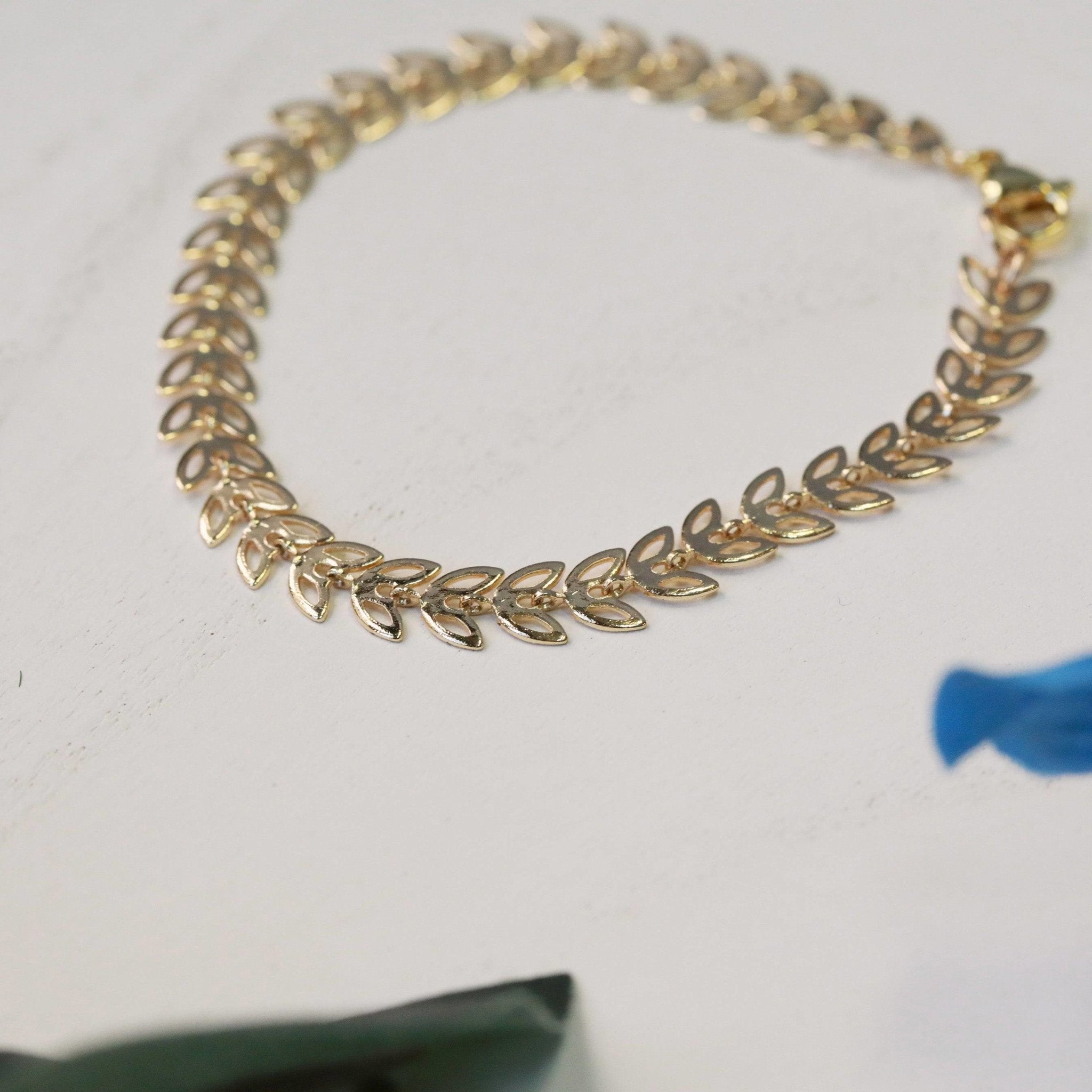 fae leaf 14kt gold filled chain bracelet closeup
