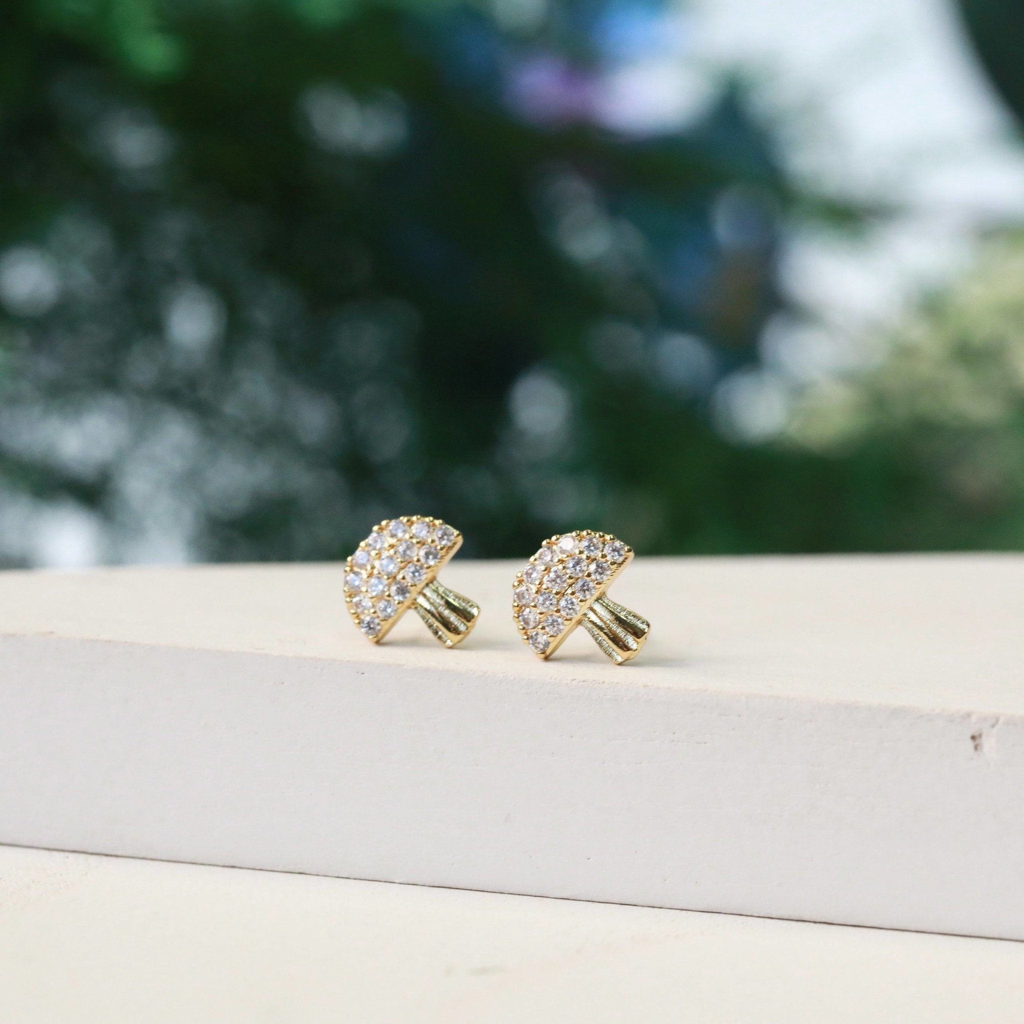 dainty butterfly and mushroom crystal stud earring bundle mushroom closeup