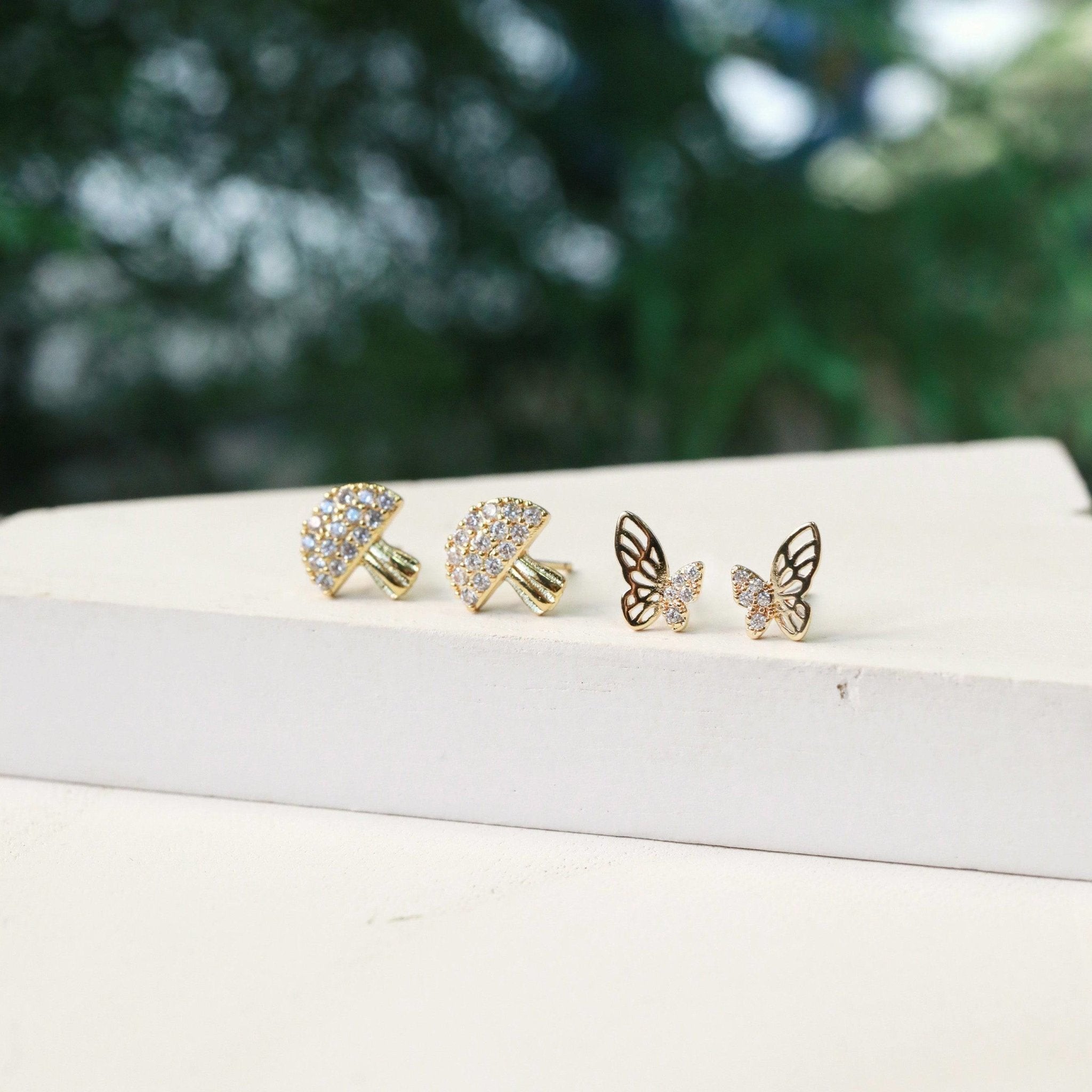 dainty butterfly and mushroom crystal stud earring bundle  pair