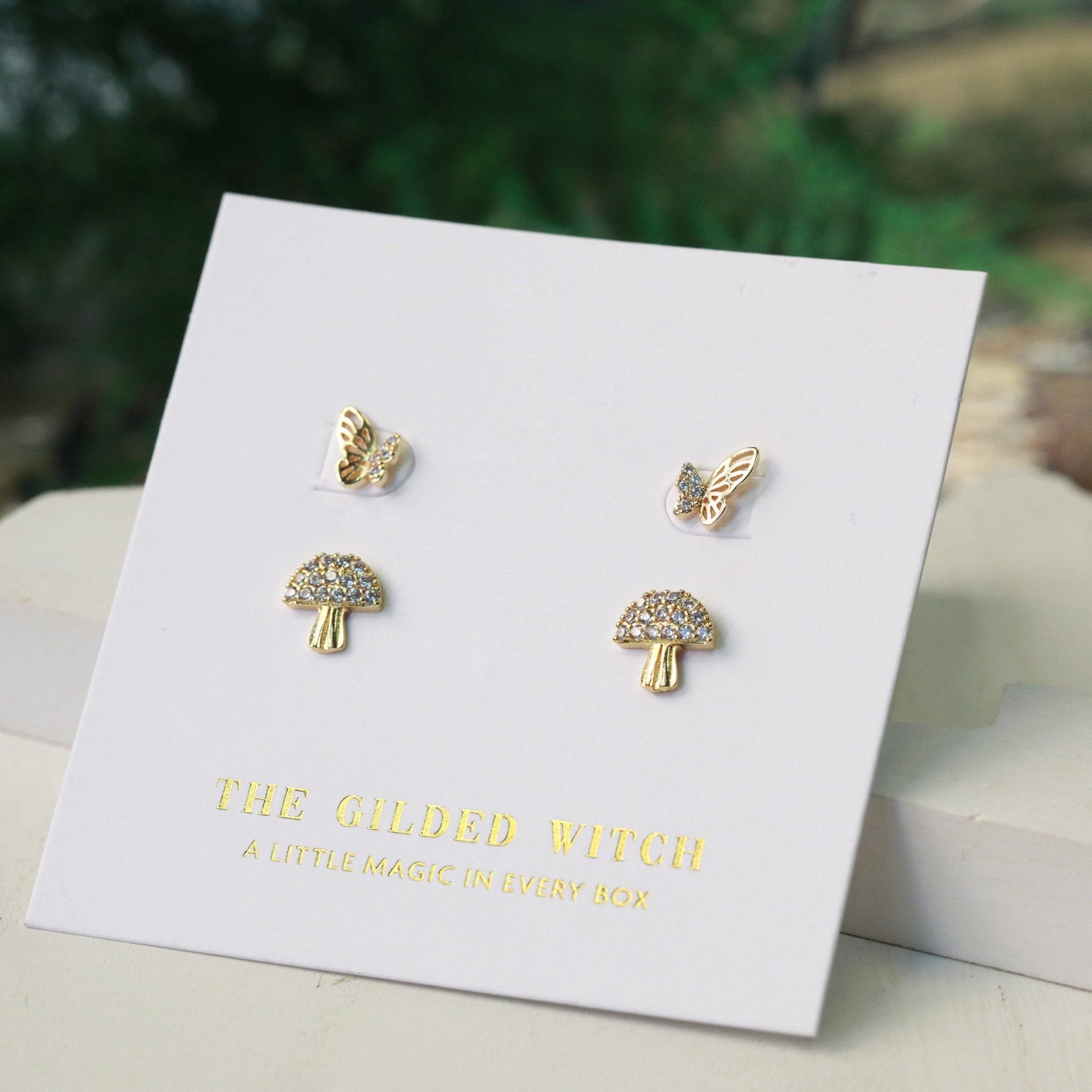 dainty butterfly and mushroom crystal stud earring bundle cover image