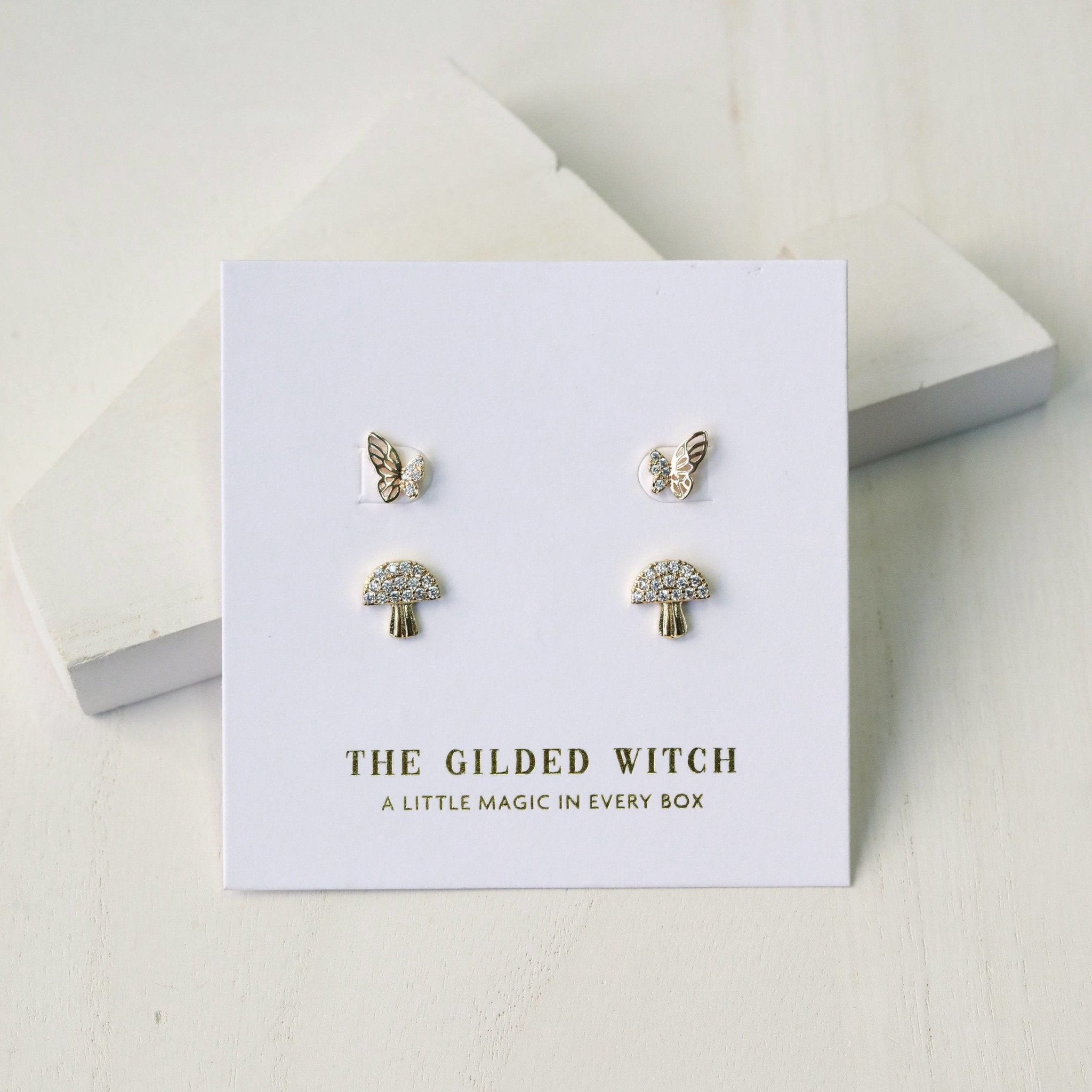 dainty butterfly and mushroom crystal stud earring bundle top view