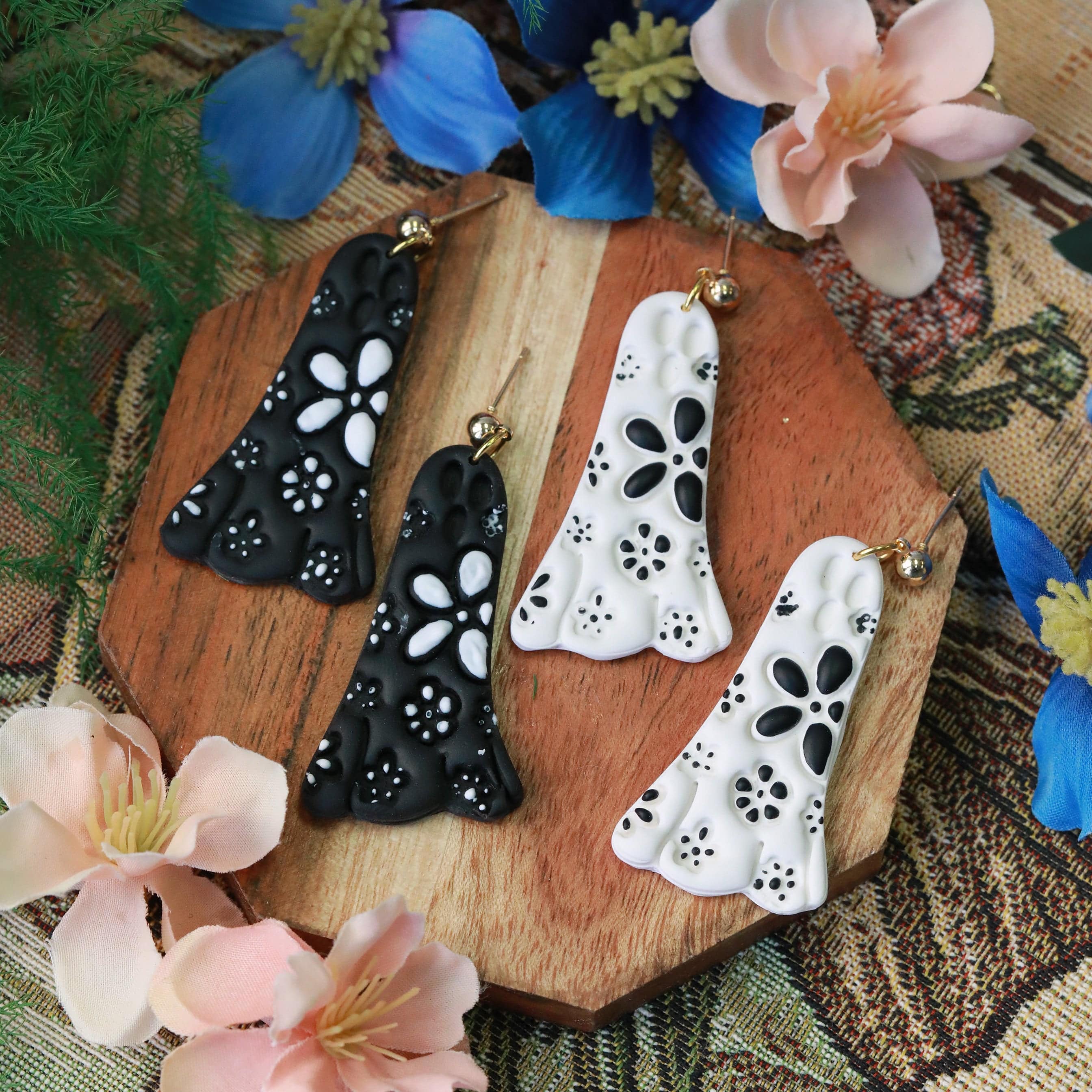 daisy ghost clay earrings in black and white by everything ky and i pair image