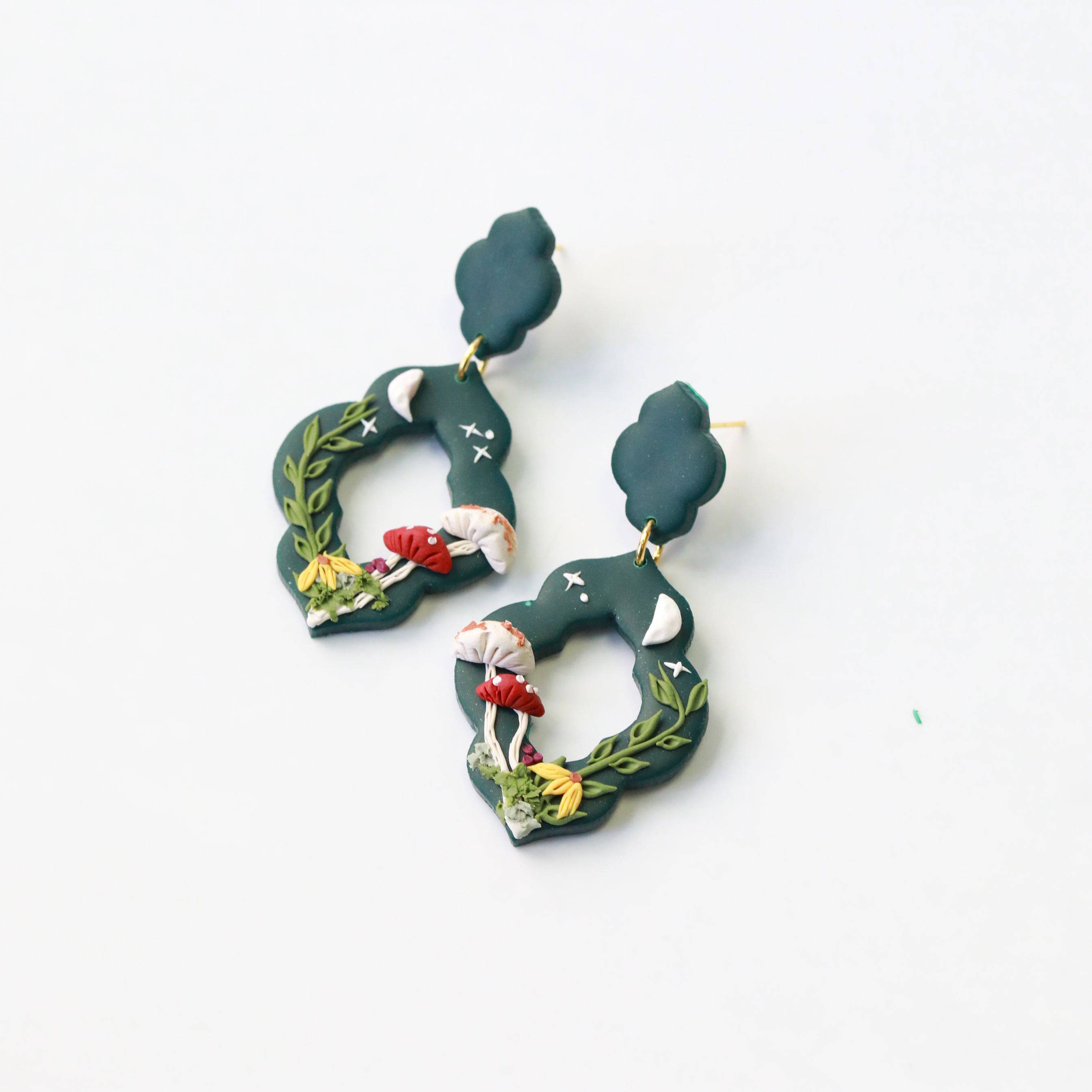 cottagecore scene forest green clay earrings by Everything Ky yand I side image