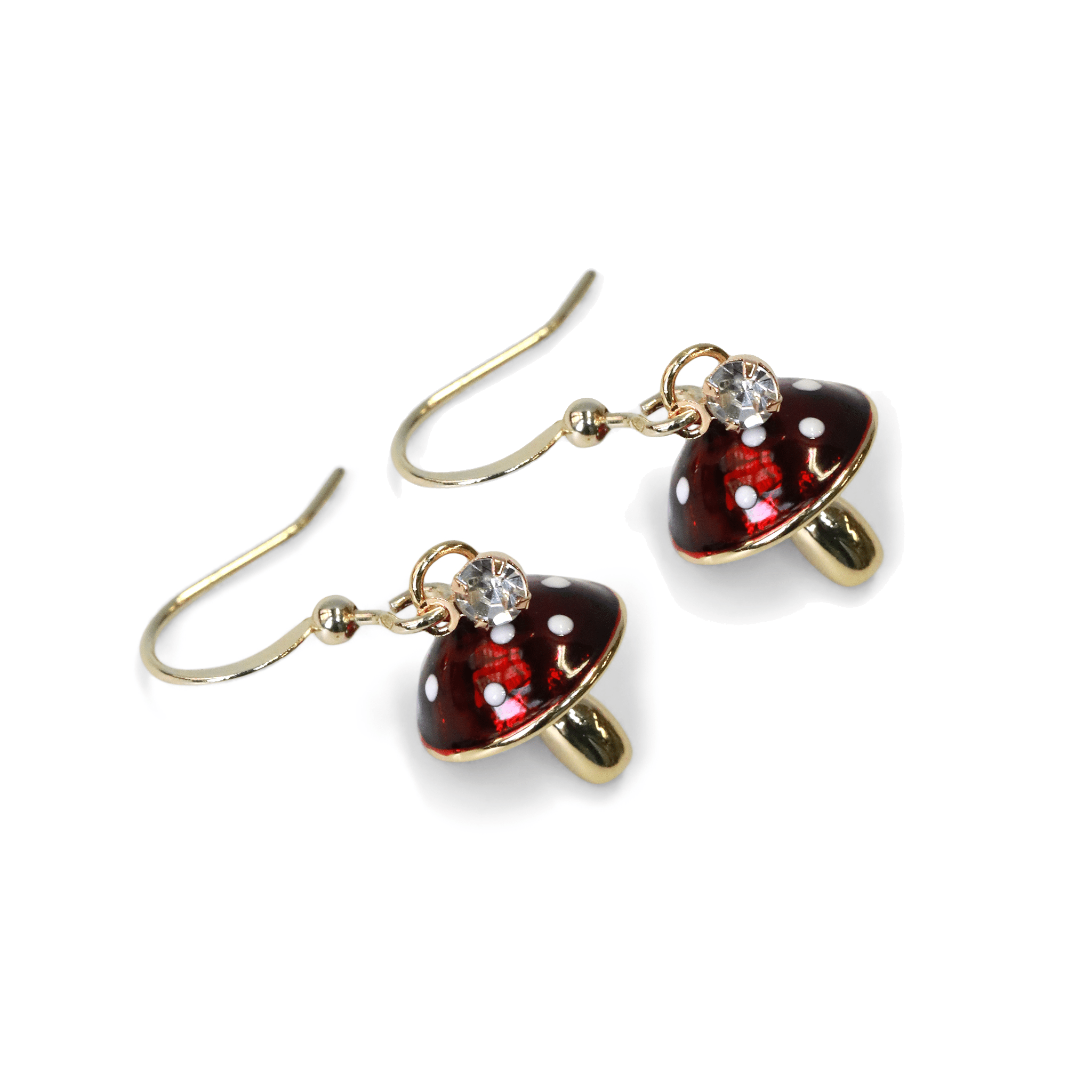 tiny mushroom charm earrings in red with white dots on 14kt gold filled earring hooks with tiny crystal charms cover image