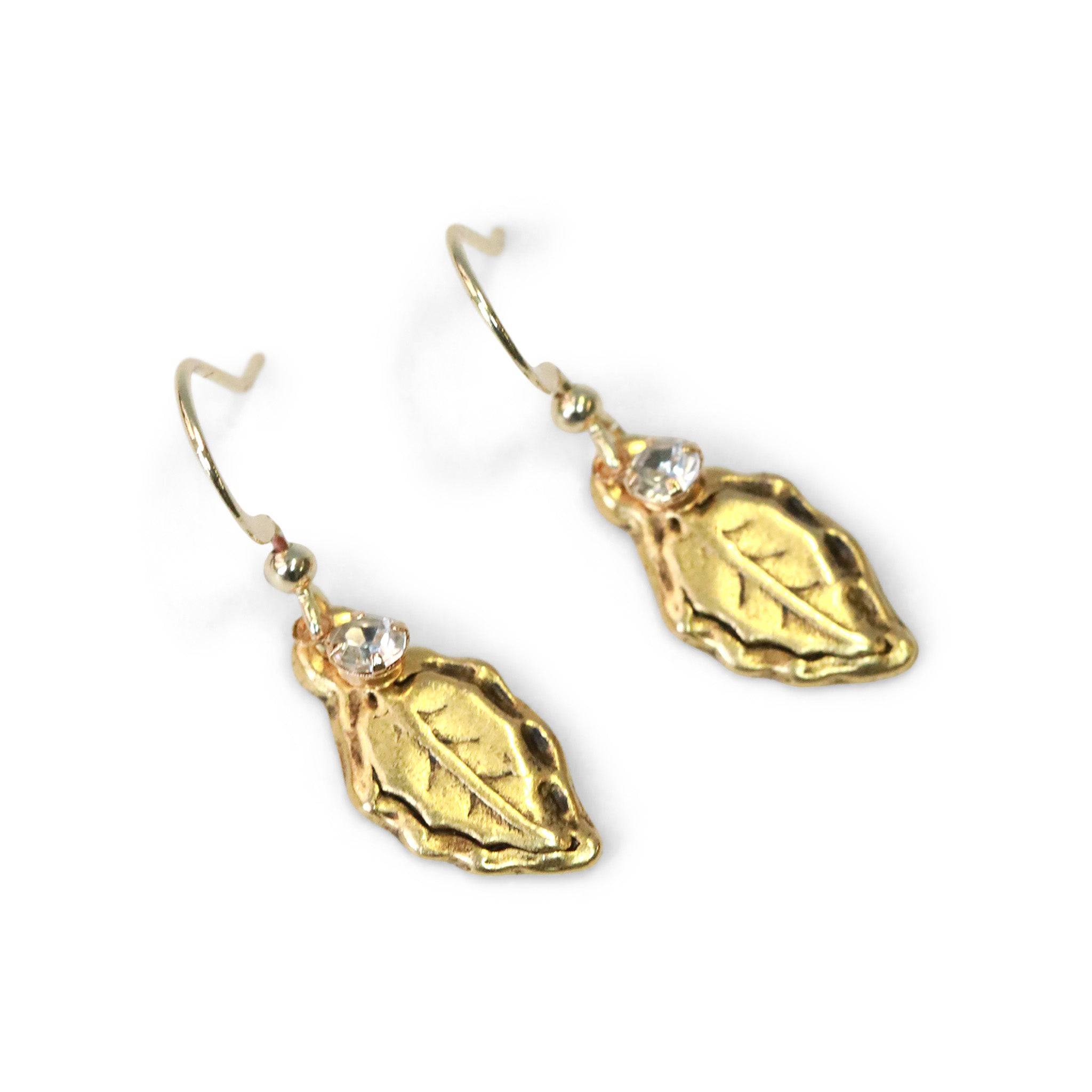 forest leaf charm earrings in gold with crystal charm matching earrings
