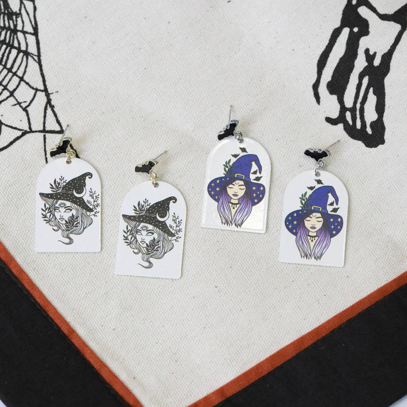 Painted Witch Stud Earrings - Black and White - The Gilded Witch
