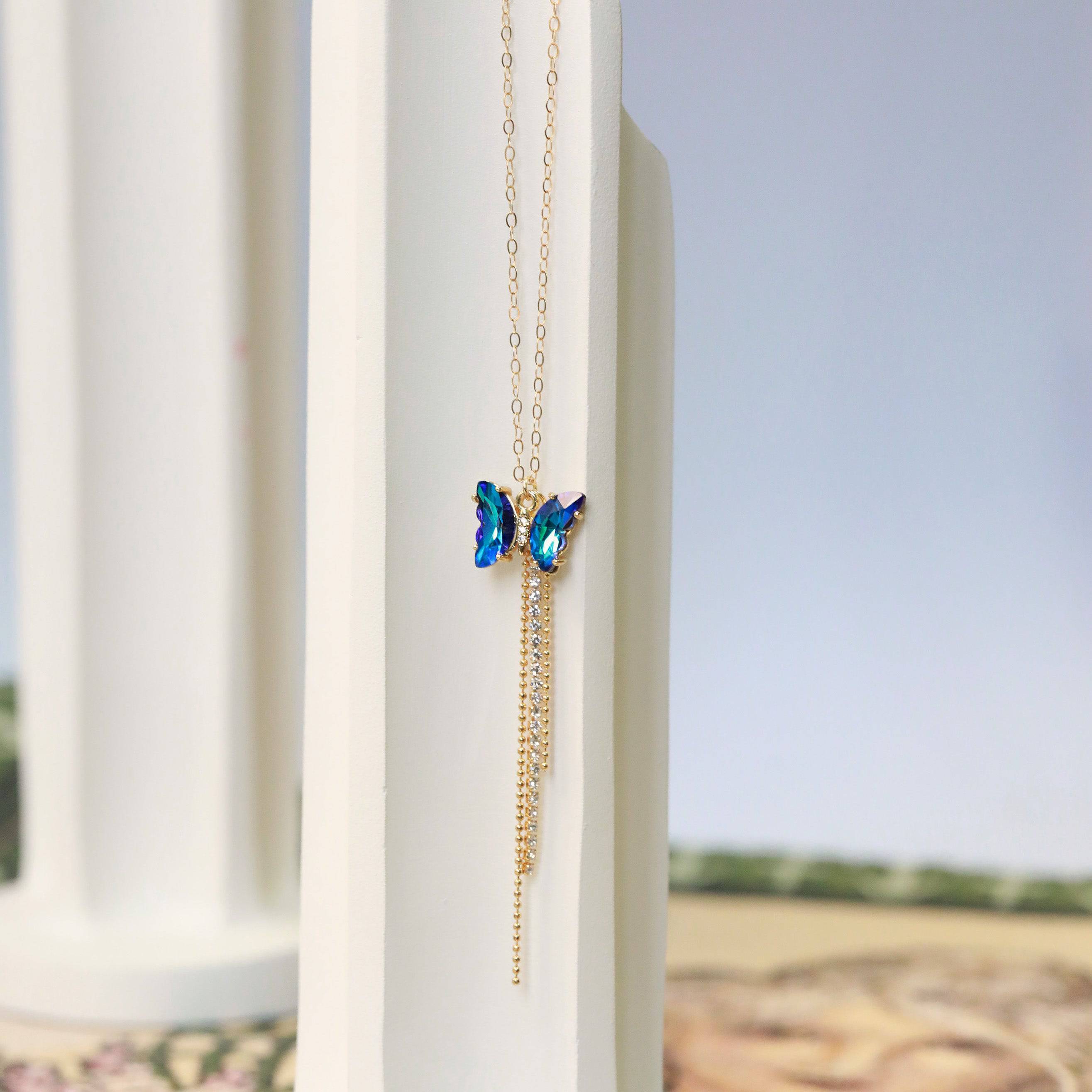 Crystal Butterfly Necklace with Fringe Drop - The Gilded Witch