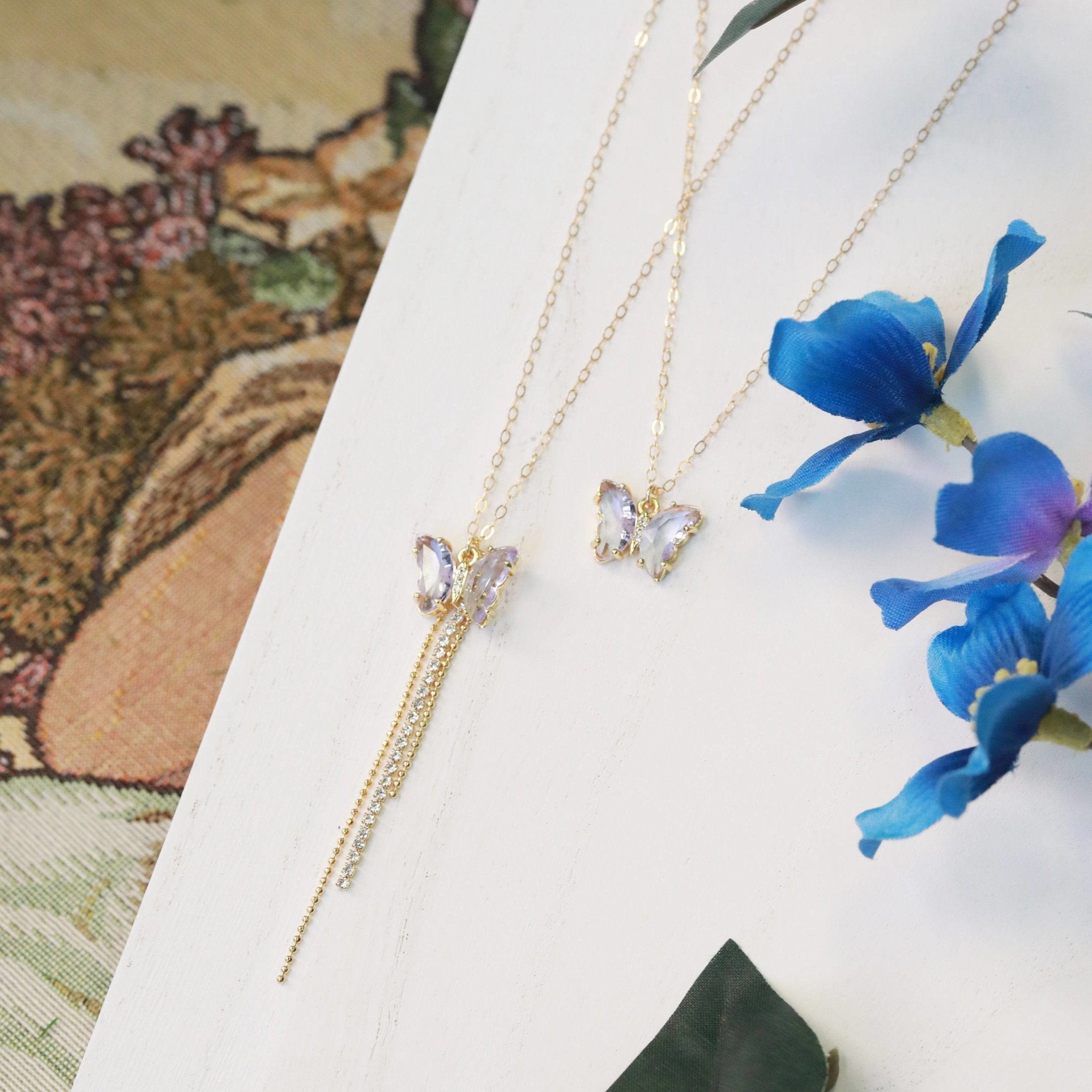 Crystal Butterfly Necklace with Fringe Drop - The Gilded Witch