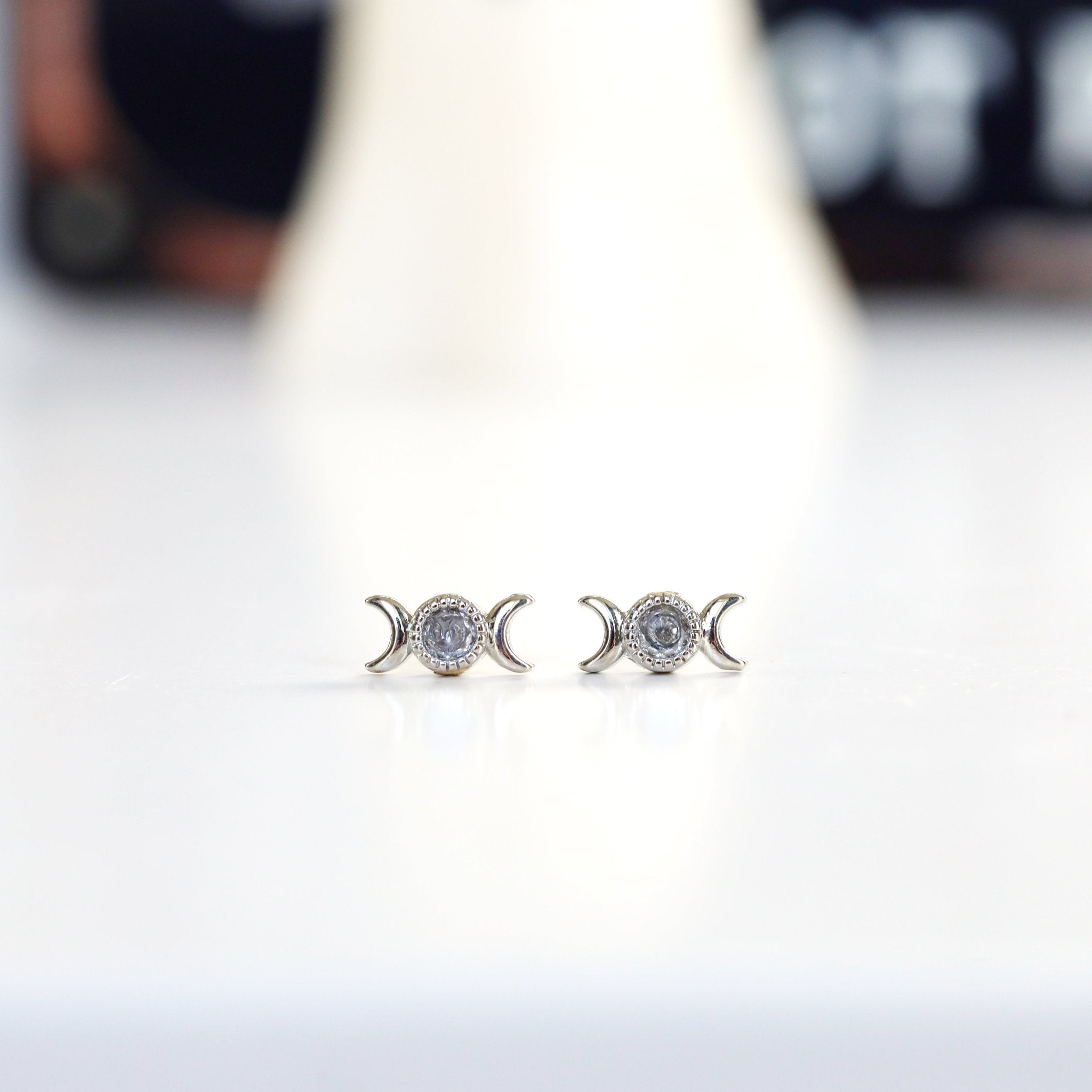 Triple Goddess Moon Stud Earrings - Gold or Silver