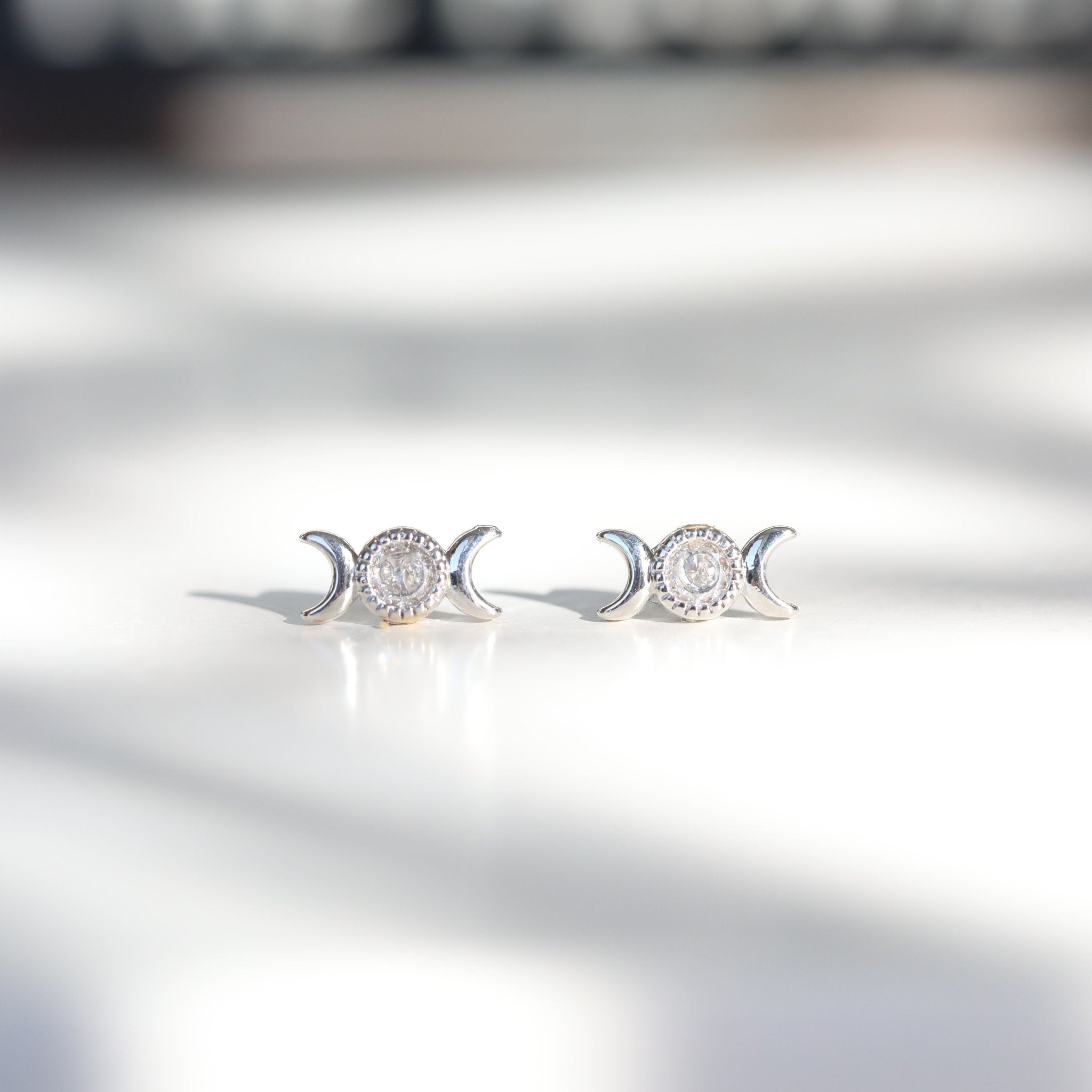 Triple Goddess Moon Stud Earrings - Gold or Silver