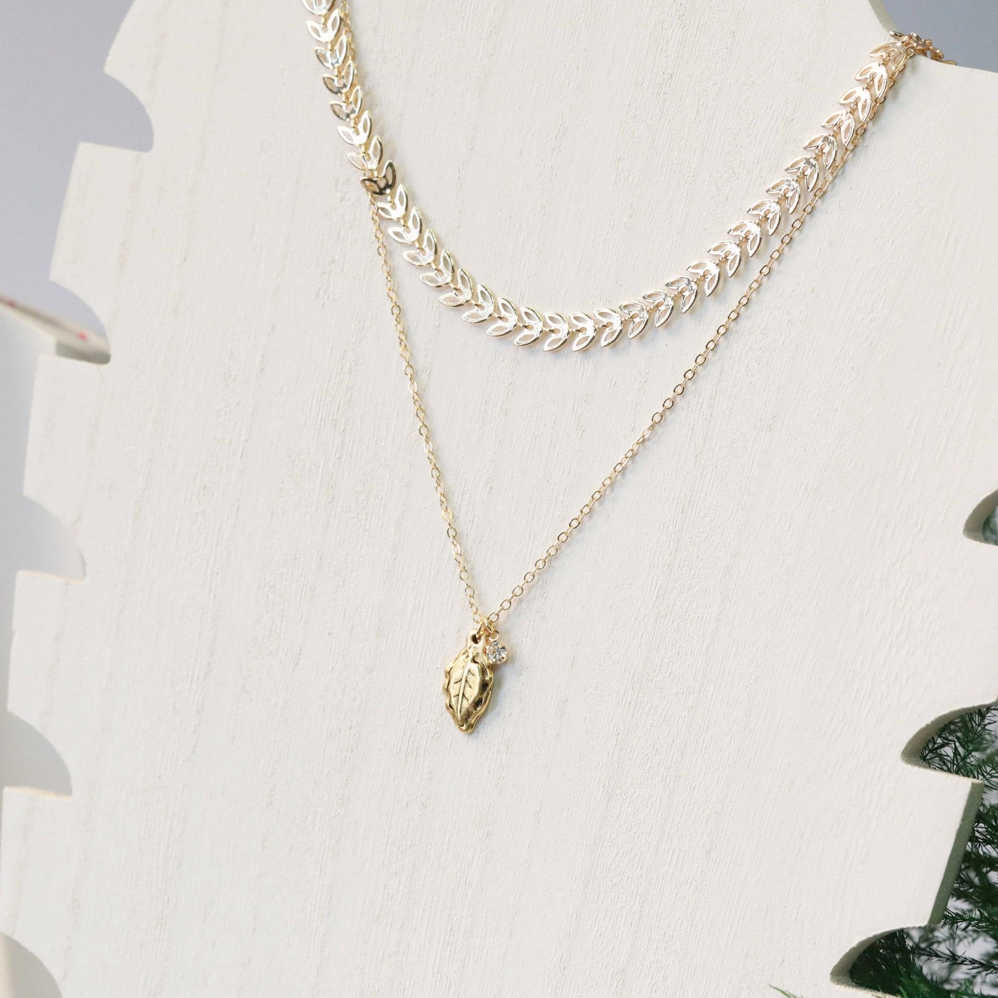 gold leaf charm necklace with crystal charm layering option 1