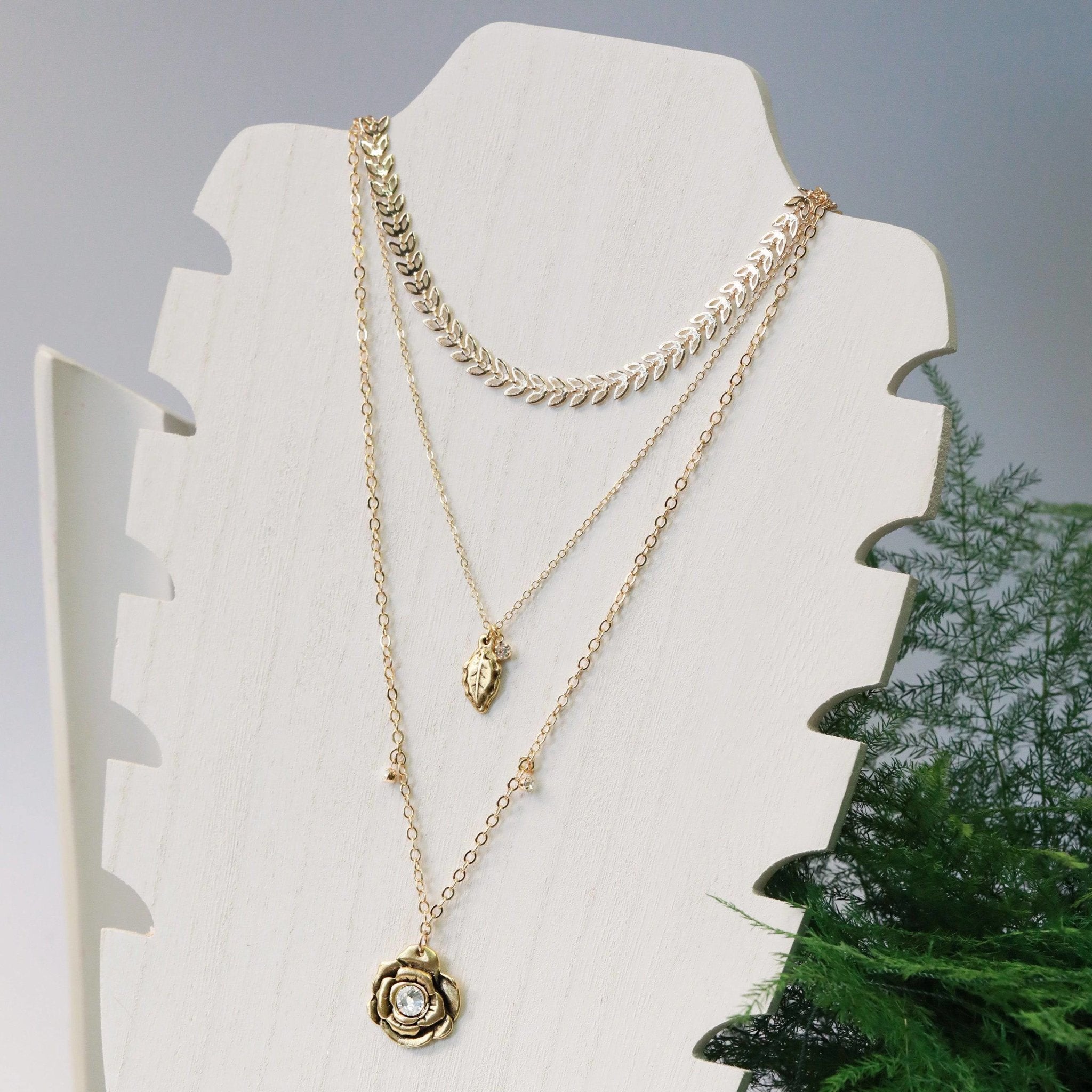 gold leaf charm necklace with crystal charm layering option 4