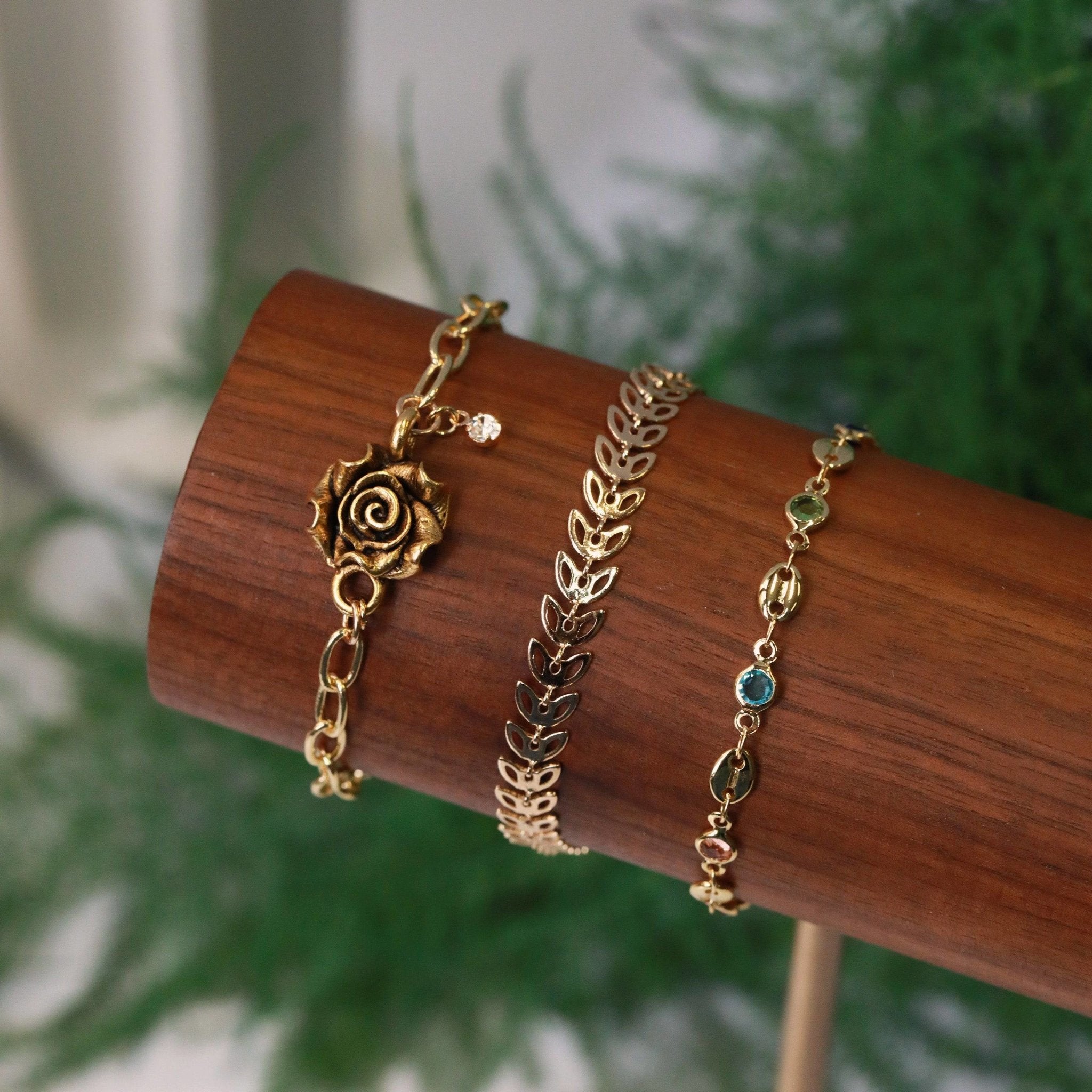 fae leaf 14kt gold filled chain bracelet trio