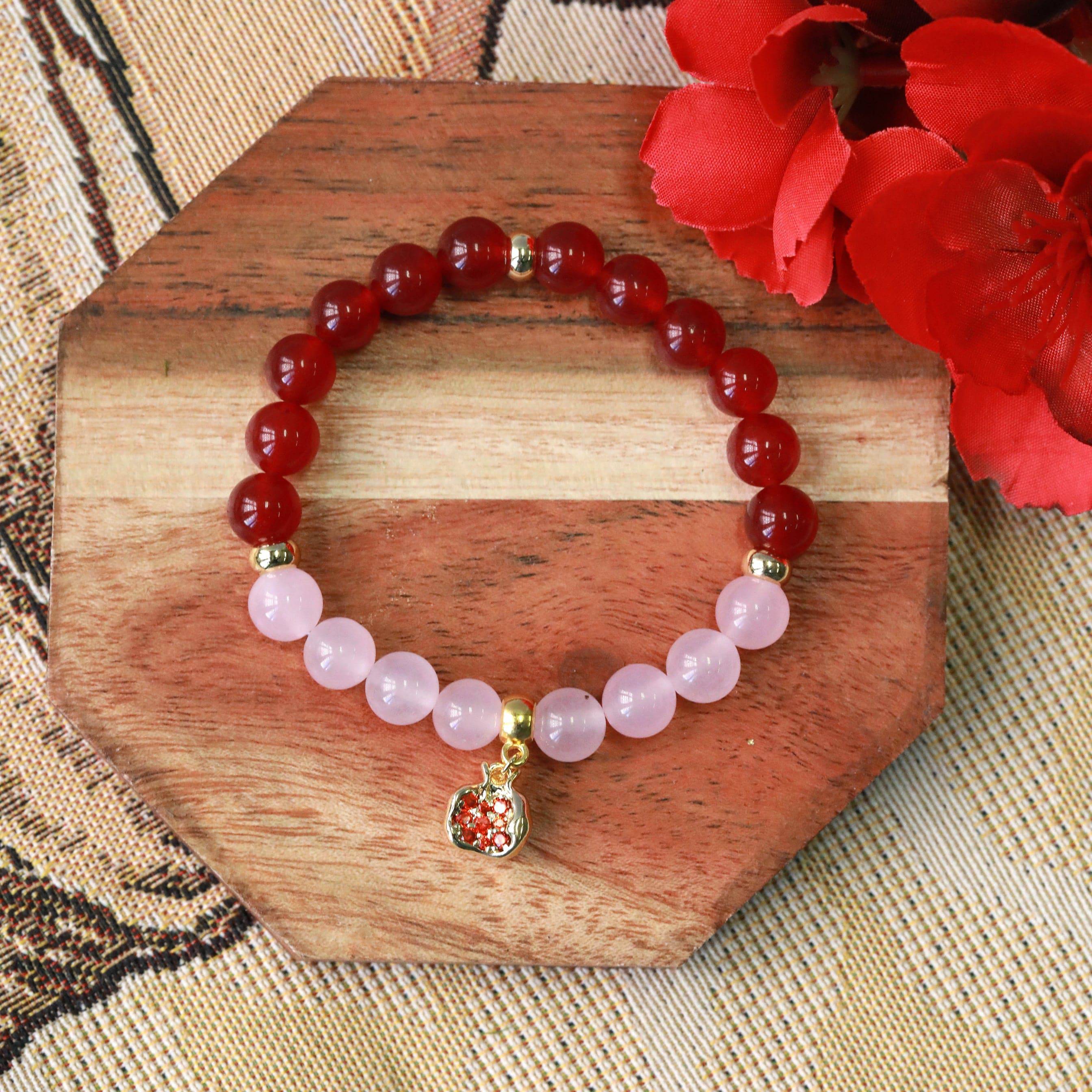 pomegranate gemstone stretchy charm bracelet in gold or silver inspired by Persephone and Hecate top view persephone