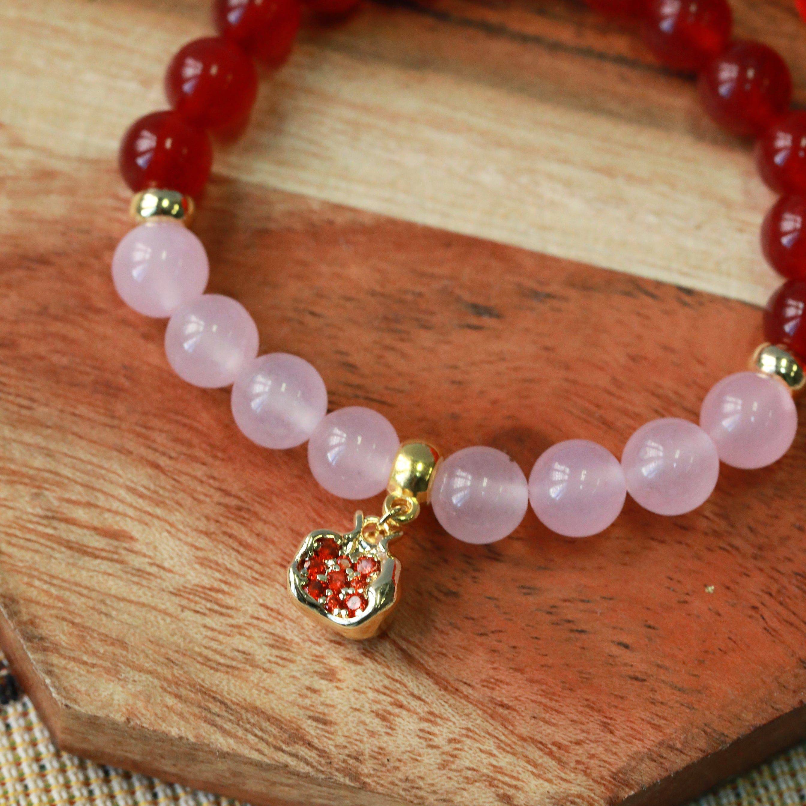 pomegranate gemstone stretchy charm bracelet in gold or silver inspired by Persephone and Hecate closeup persephone