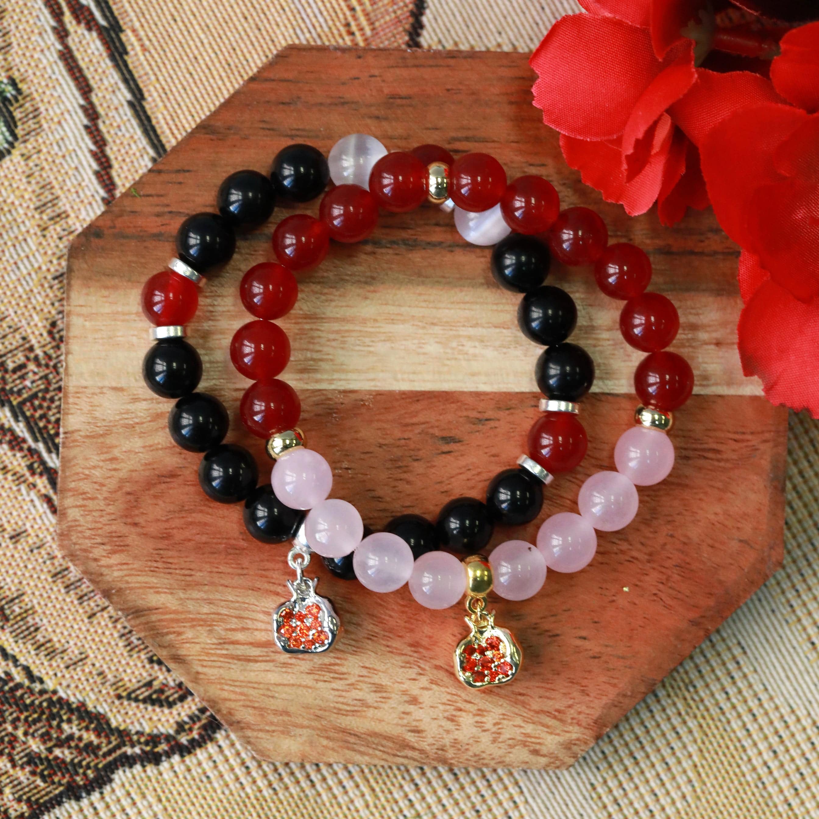 pomegranate gemstone stretchy charm bracelet in gold or silver inspired by Persephone and Hecate top view
