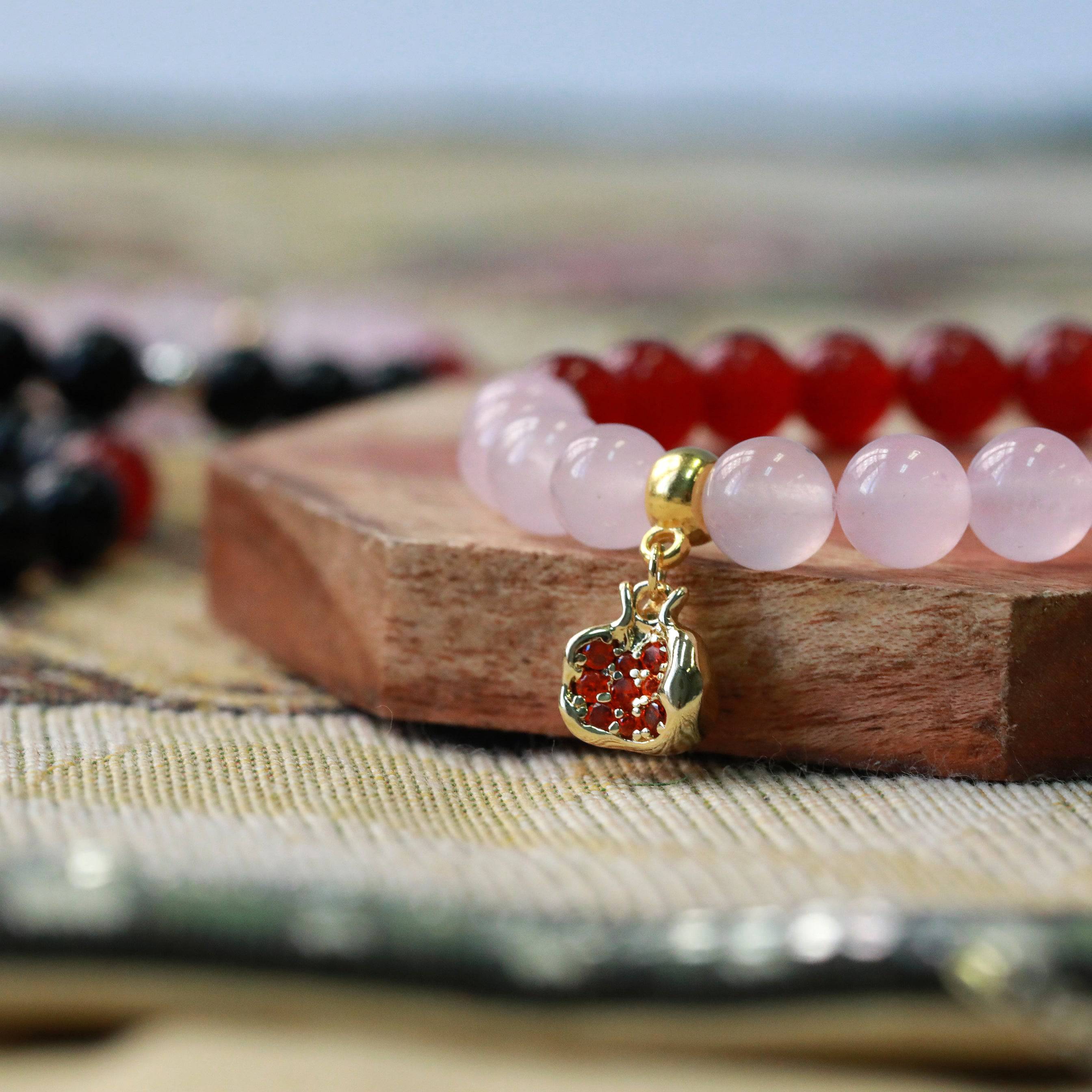 pomegranate gemstone stretchy charm bracelet in gold or silver inspired by Persephone and Hecate closeup 2 persephone