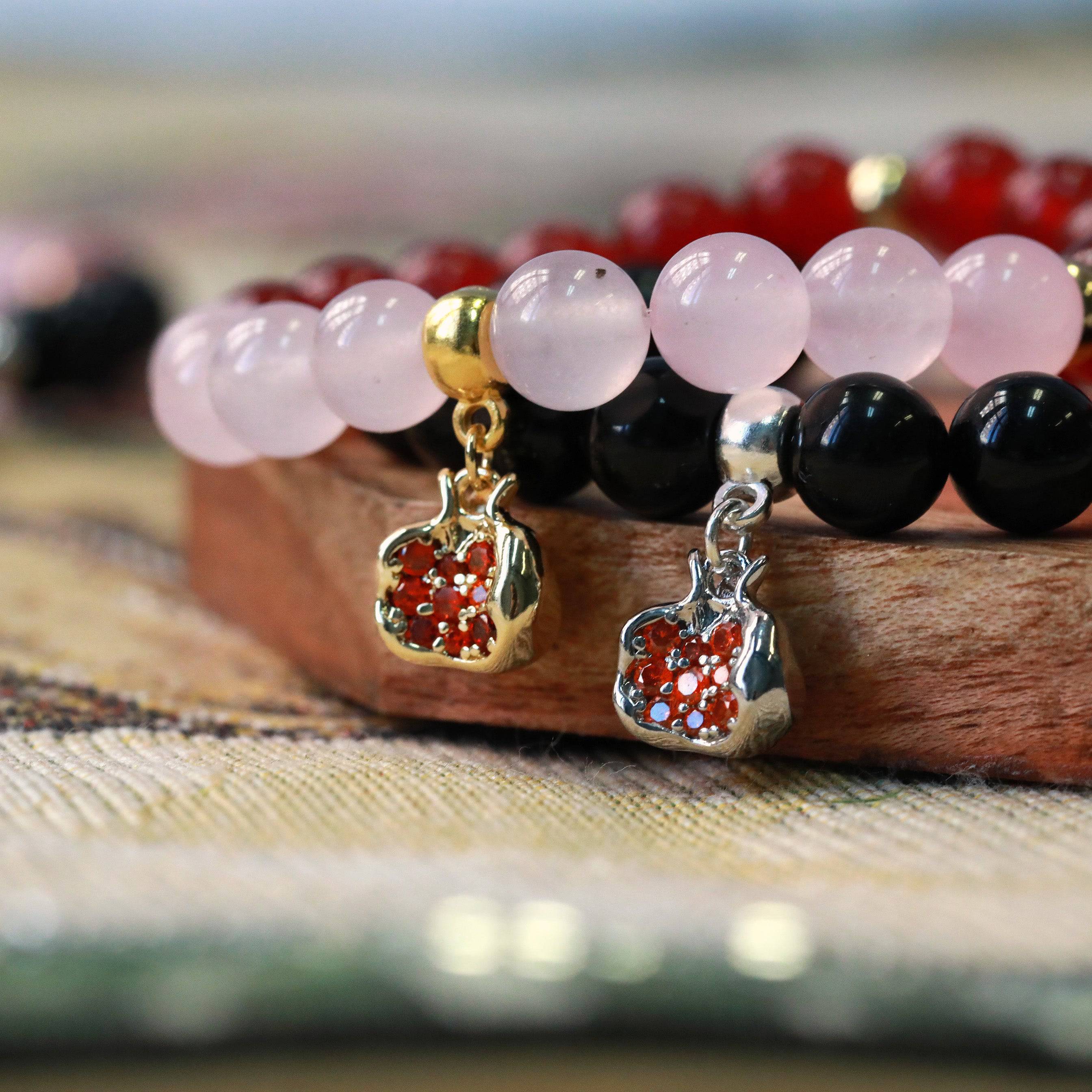 pomegranate gemstone stretchy charm bracelet in gold or silver inspired by Persephone and Hecate closeup