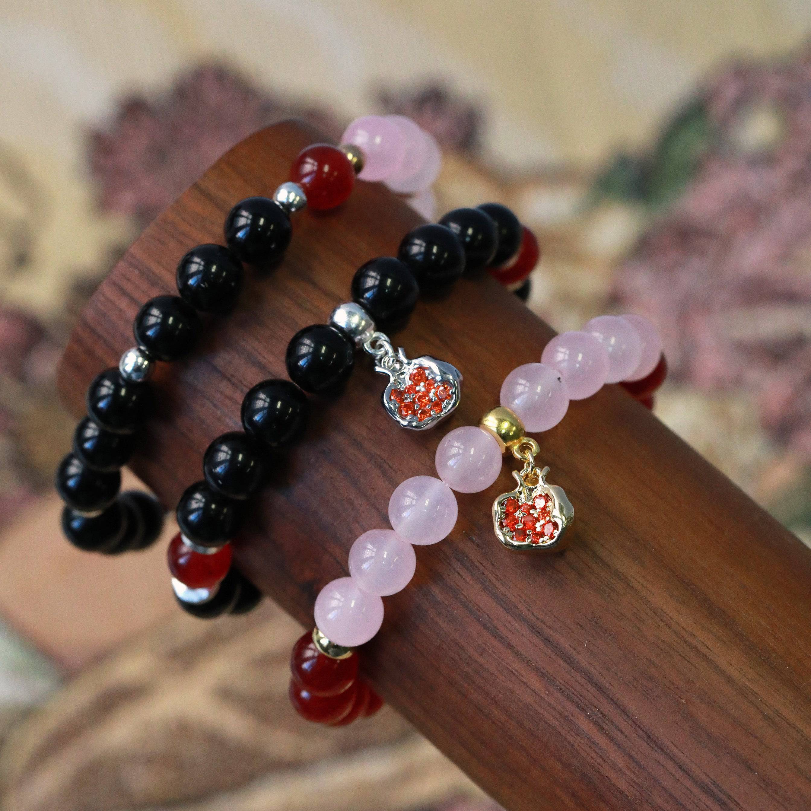 pomegranate gemstone stretchy charm bracelet in gold or silver inspired by Persephone and Hecate bar image