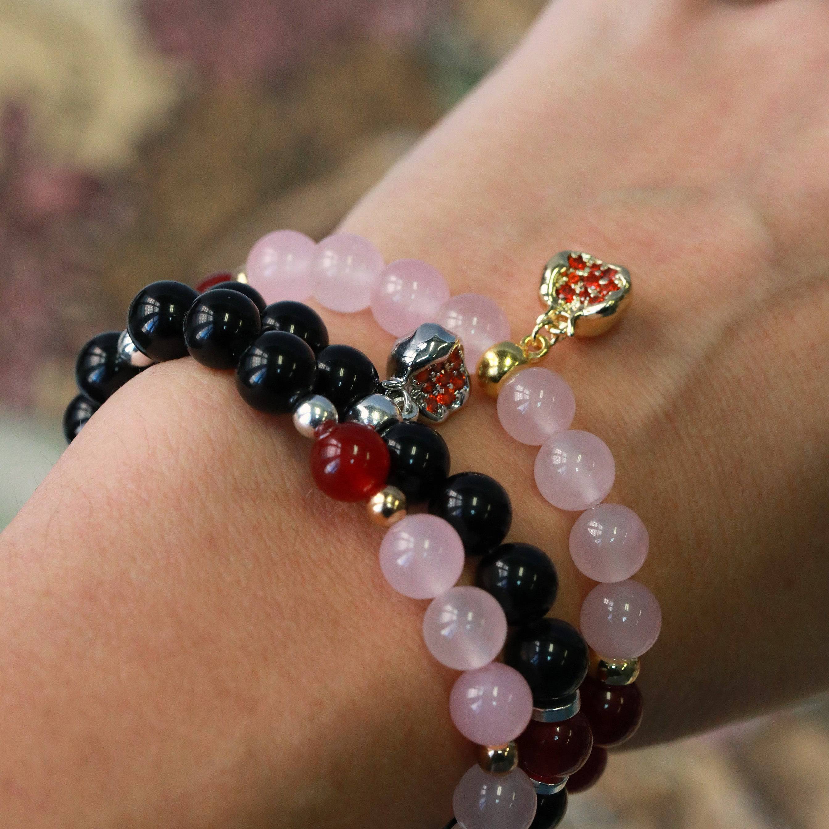pomegranate gemstone stretchy charm bracelet in gold or silver inspired by Persephone and Hecate wrist