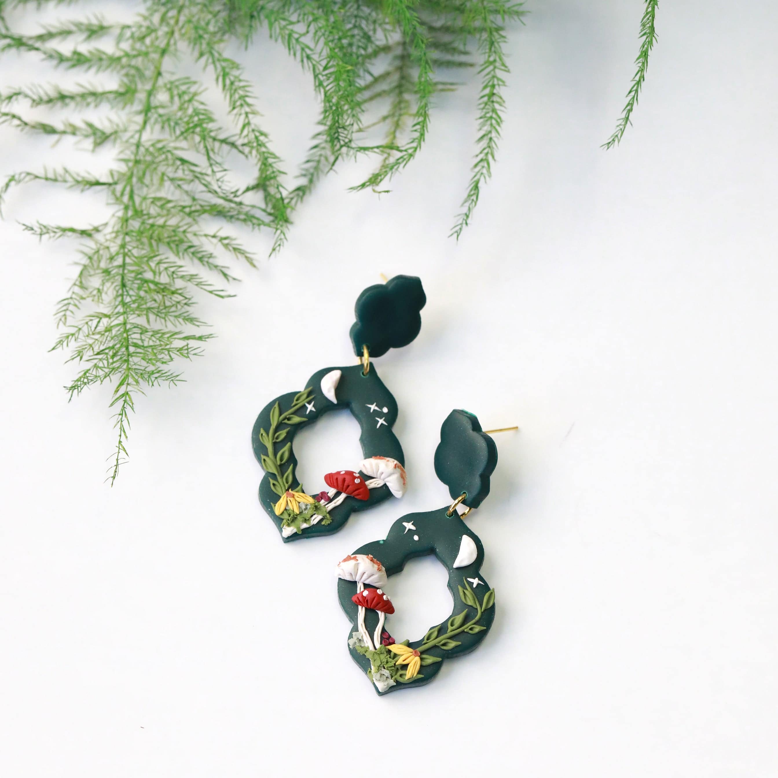 cottagecore scene forest green clay earrings by Everything Ky yand I green image