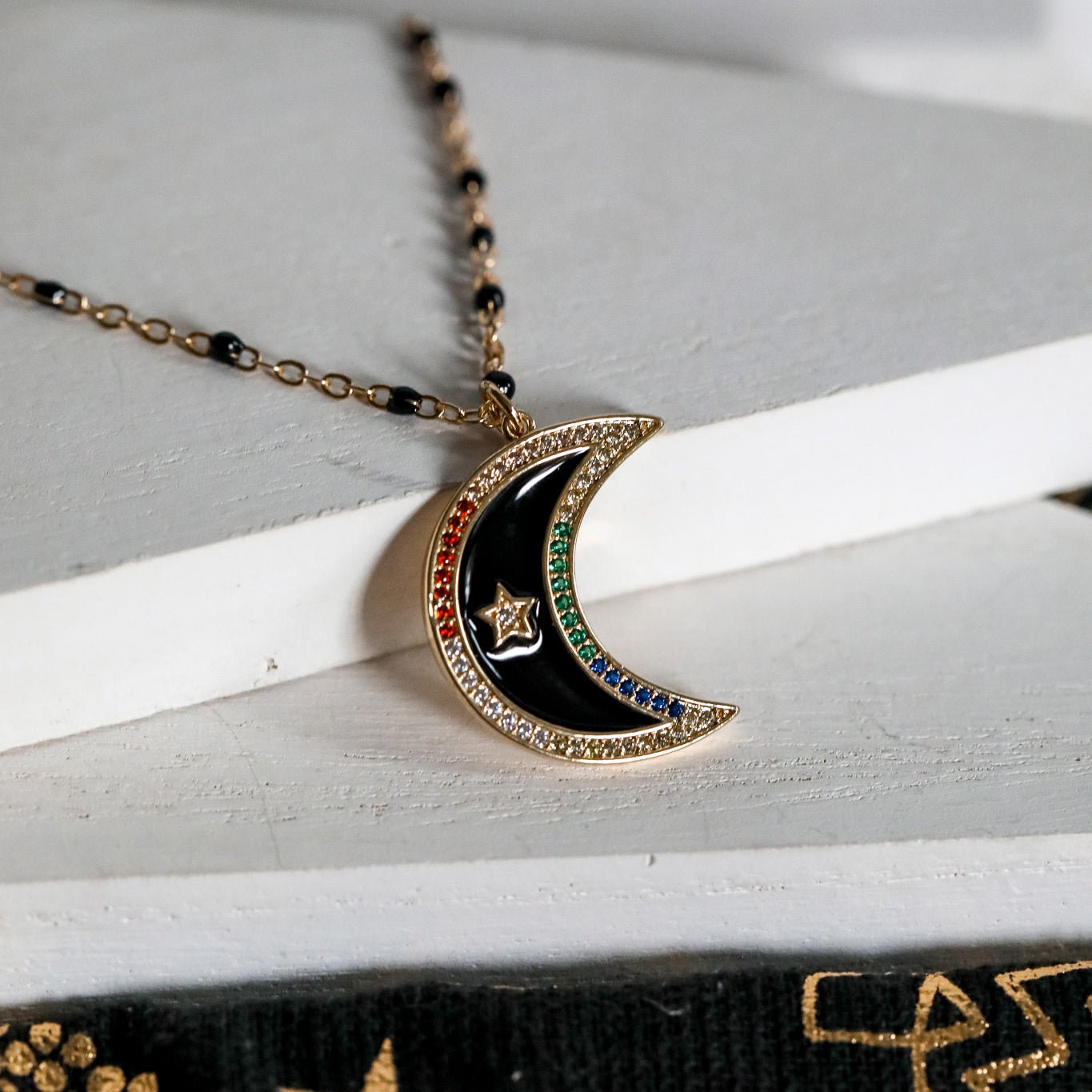Black Rainbow Crescent Moon Necklace