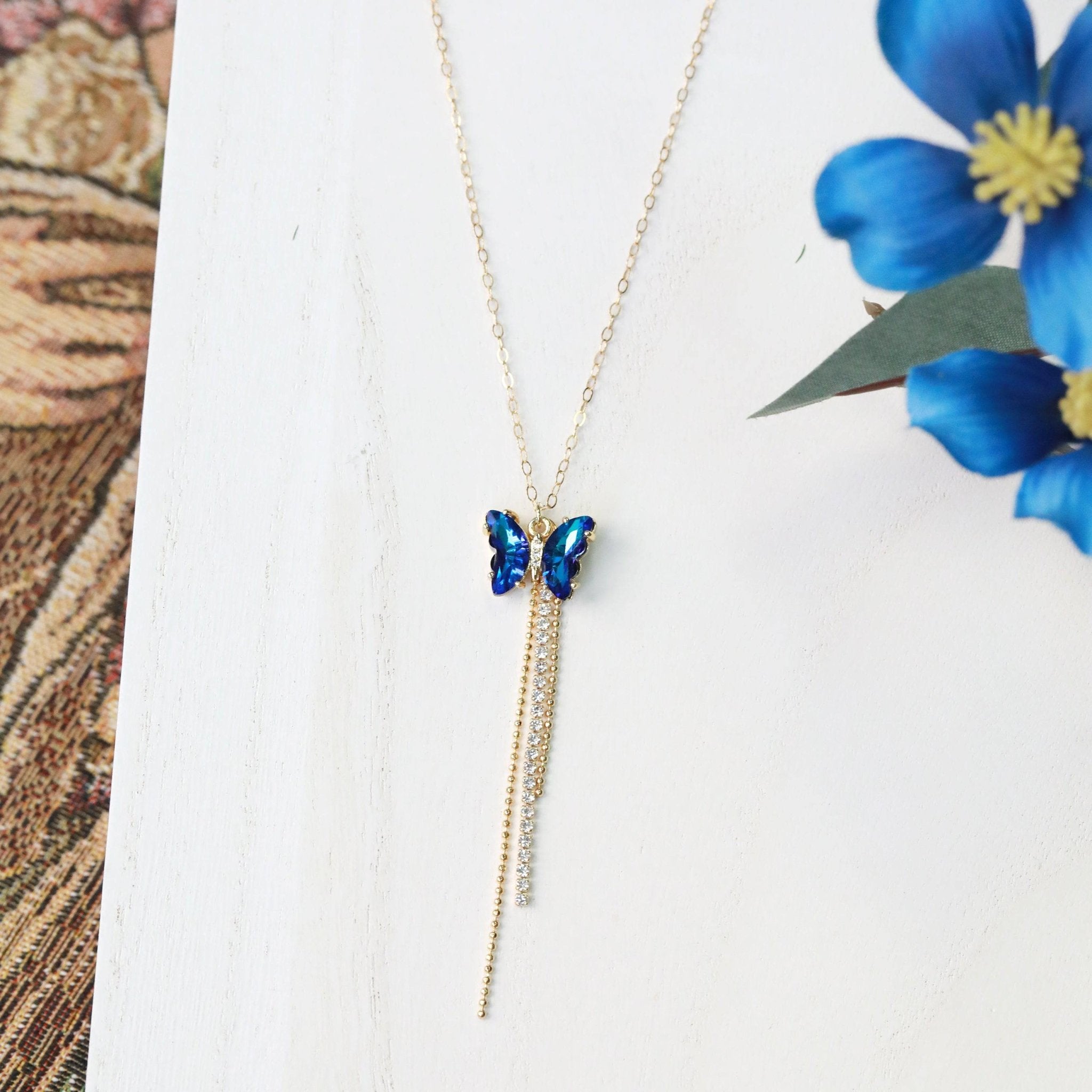 Crystal Butterfly Necklace with Fringe Drop - The Gilded Witch